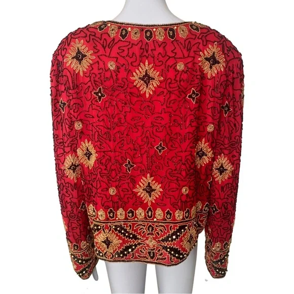 Papell Boutique Evening Vintage 90’s Silk Beaded Jacket Embellished Red Gold 12 - Picture 11 of 16